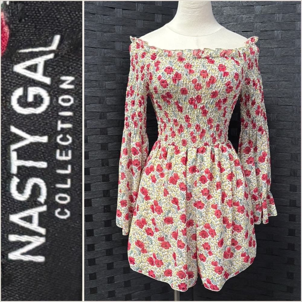 Nasty Gal 8 Collection Off Shoulder Smocked Floral Bell Sleeve‎ Romper